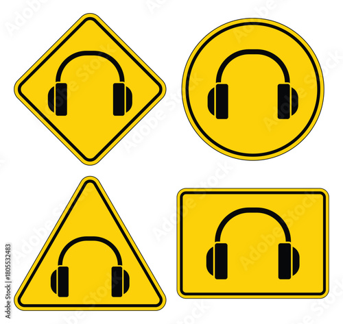 Set of Headphone Warning Signs in Various Shapes and Styles for Safety