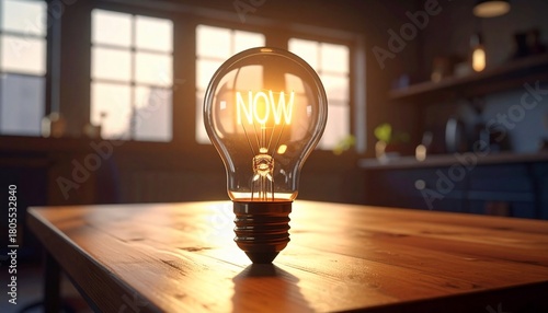 Illuminated Light Bulb with 'Now' Inscription Symbolizing Time and Opportunity