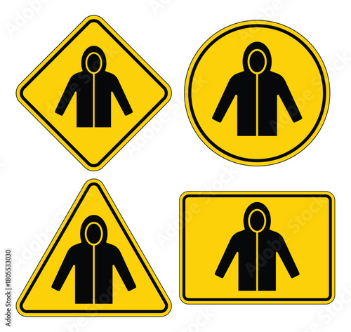 Warning Signs for Safety Gear with Hooded Jacket Symbols in Yellow Colors