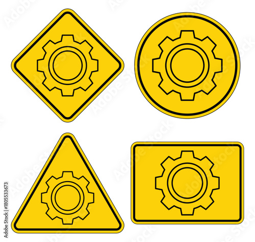 Yellow Gear Icons on Various Shapes for Industrial or Mechanical Use