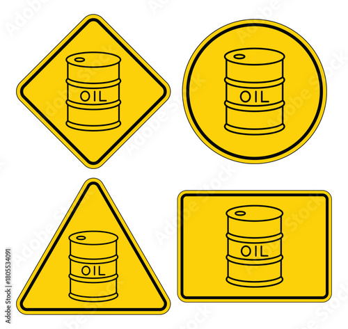 Set of Warning Signs Featuring Oil Barrel Icons in Yellow Formats