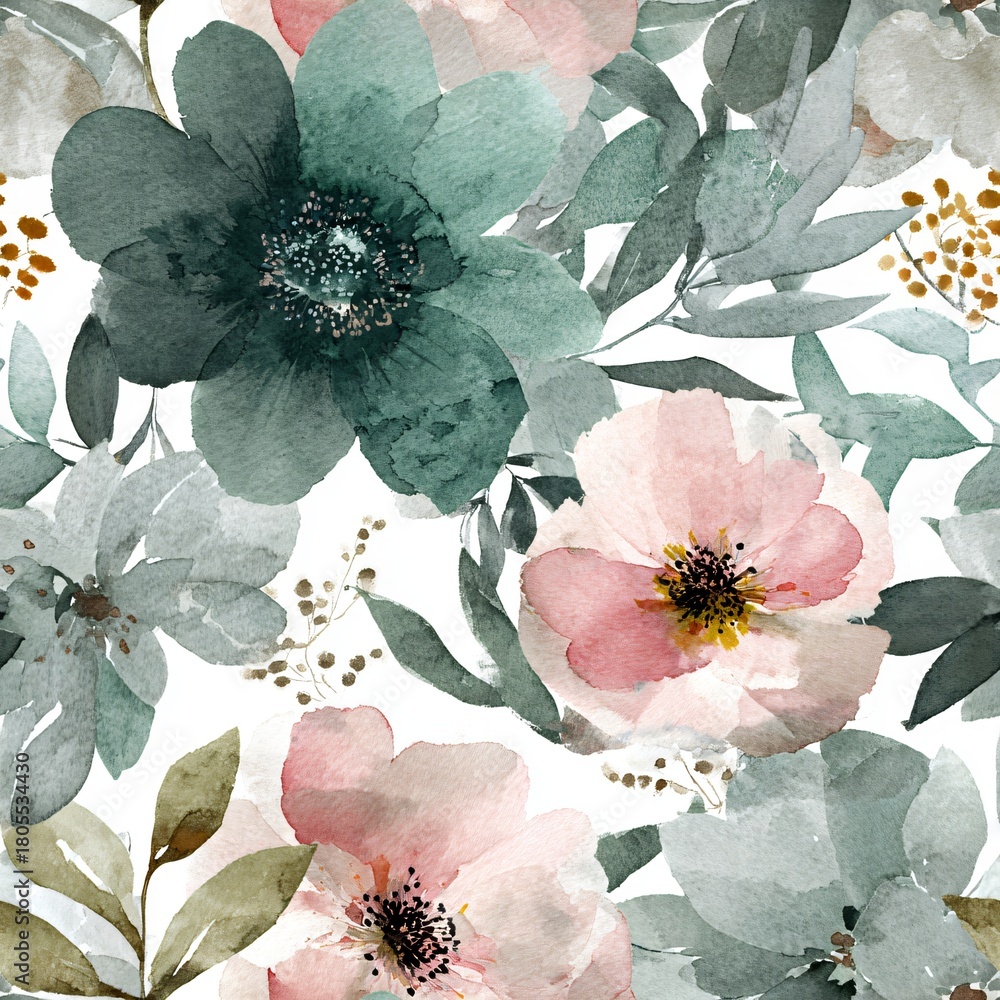 Fototapeta premium Delicate watercolor flower seamless pattern with pink and teal blooms and green leaves. Botanical background for textile, fabric, wallpaper, or print.