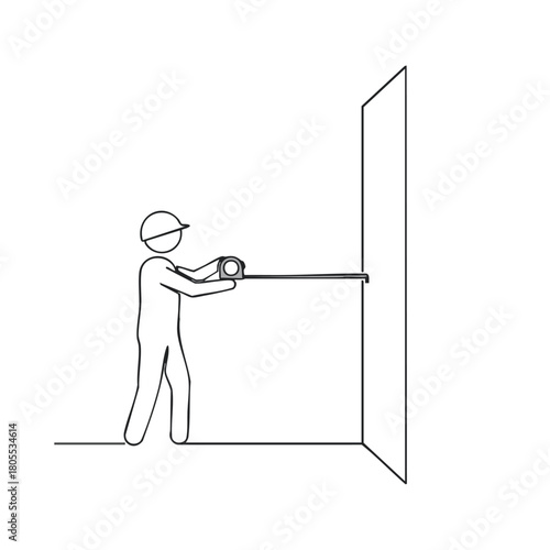 A simple line drawing depicts a construction worker wearing a hard hat using a tape measure to measure a wall, indicative of precision and planning in building.