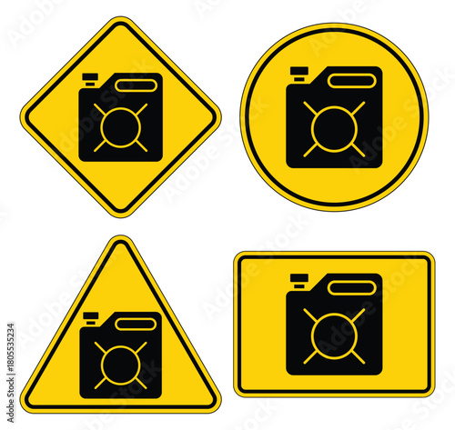 Set of Warning Signs with Fuel Container Icons on Yellow Background