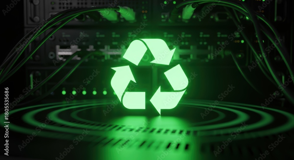 Obraz premium Green recycling symbol illuminated in front of server racks and network cables in a dark environment