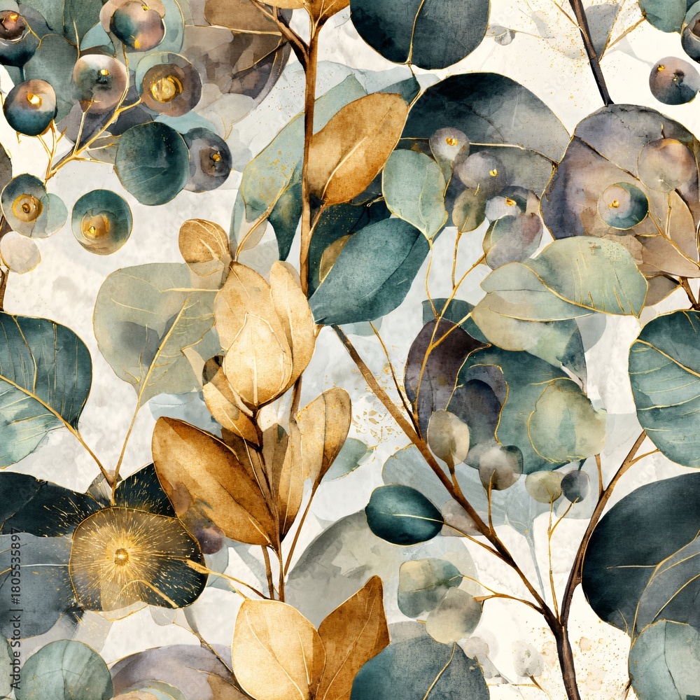 Obraz premium Watercolor botanical seamless pattern with eucalyptus leaves. Floral design for textile, wallpaper, wedding invitation, wrapping paper, fabric.