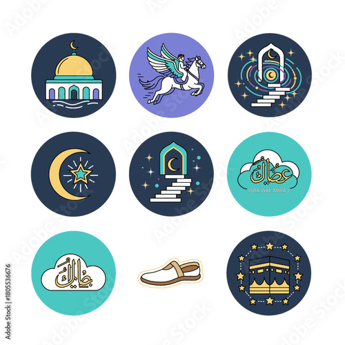 isra mi'raj islamic icon set. vector illustration of prophet muhammad night journey symbols including buraq, kaaba, and mosque.