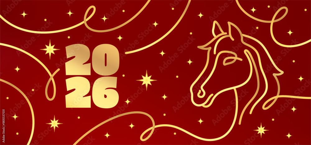 Fototapeta premium 2026 Chinese Year Horse Pattern. Vector Zodiac Calendar Gold Symbol on Red Background. Modern Gradient Line Horse Illustration.