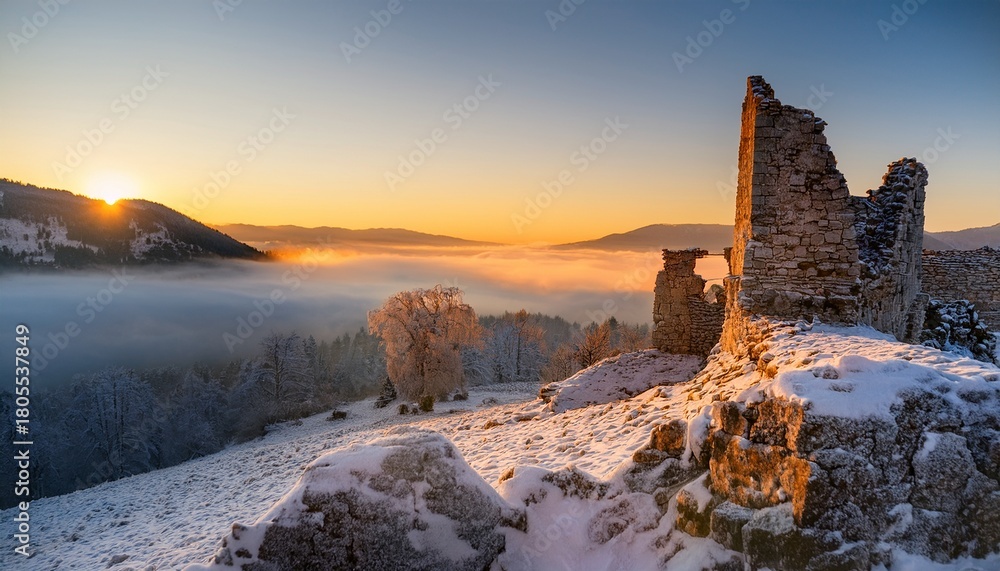 Fototapeta premium sunrise in the mountains near the ruin of a castle
