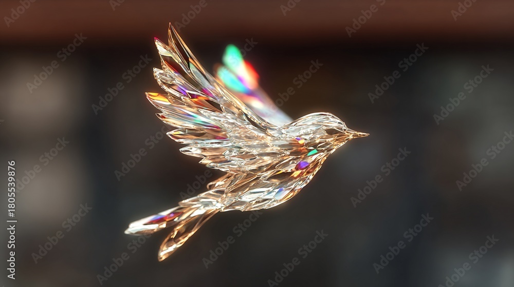 Fototapeta premium a stunning, crystal-like bird sculpture resembling a crystal bird with rainbow-colored feathers