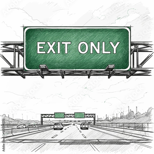 Dynamic highway landscape sketch with exit direction sign and urban backdrop