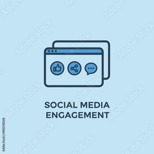 Vector icon of a shared screen with multiple app logos (like, share, comment), representing 'Social Media Engagement'. Bold outlines.