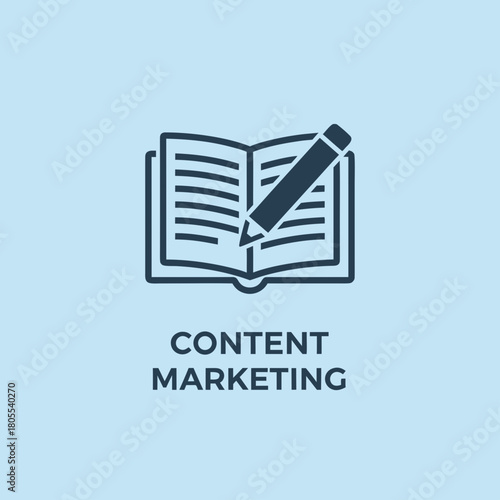 Vector icon of an open book or document with a pencil resting on it, symbolizing 'Content Marketing'. Monochromatic.