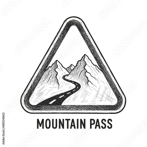 Monochrome Illustration of a Mountain Pass Sign with a Winding Road