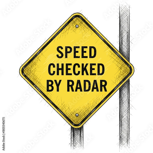 Radar speed check roadside, illustrated safety enforcement caution sign
