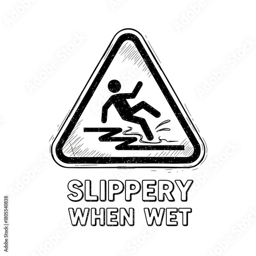 Stylized artistic slippery when wet warning illustration on white backdrop