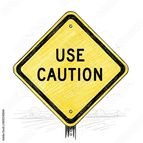 Sketched Yellow Diamond Sign with Cautionary Message on Roadside Display