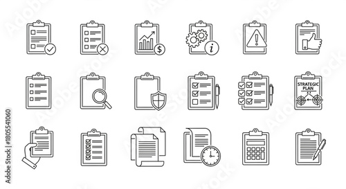 Document Checklist Icons Set, Business Paperwork and Forms, Digital Illustration, Office Environment, Flat View, Productivity Concept