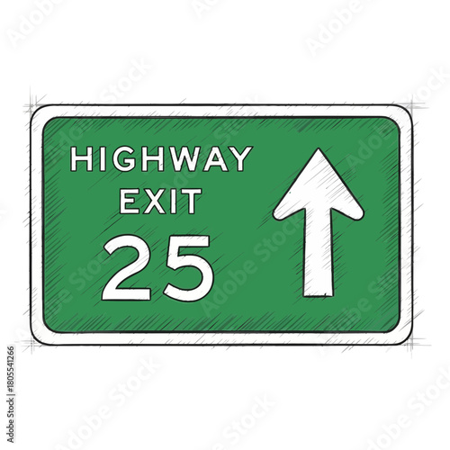 Sketch Style Illustration: Highway Exit 25 Sign for Directional Concepts