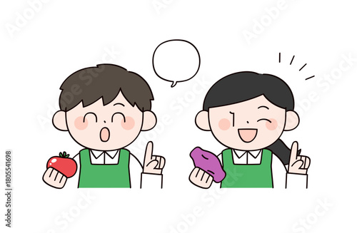 野菜を持ったスーパーの店員イメージの男女イラスト