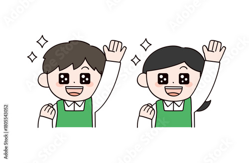 手をあげるスーパーの店員イメージの男女イラスト