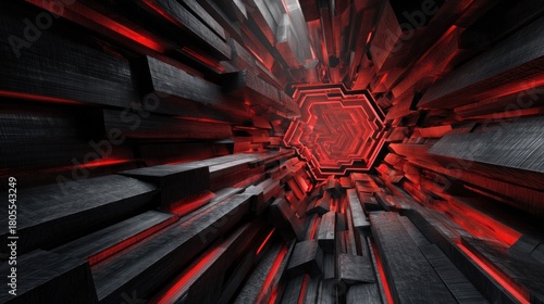 Fototapeta Naklejka Na Ścianę i Meble -  Abstract tunnel design with red and gray geometric shapes and lighting