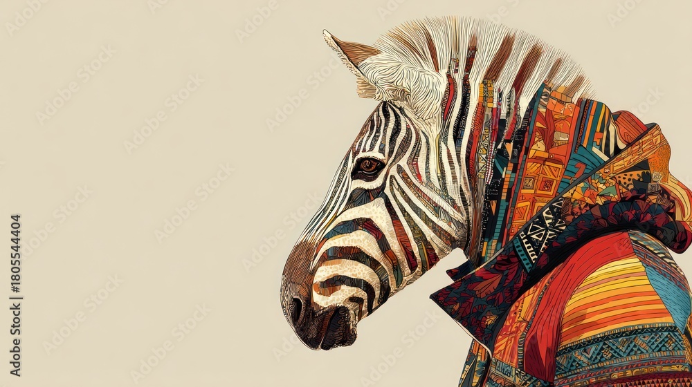 Fototapeta premium Artistic zebra portrait with textured patterned coat against neutral backdrop