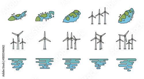A collection of environmental icons depicting wind turbines, damaged earth, and water swirls, symbolizing renewable energy and environmental concerns.