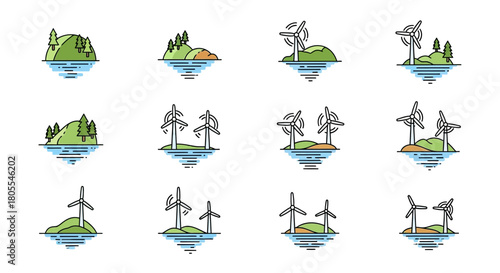 Collection of pixelated islands with trees and wind turbines, reflecting in water.
