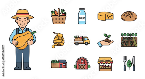 A collection of colorful icons illustrating farming, agriculture, fresh produce, and food, featuring a farmer holding a squash.