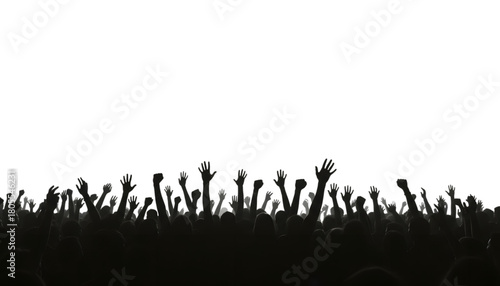 Silhouette of cheering crowd with raised hands, energetic and celebratory, isolated on transparent background

