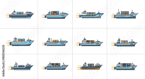 A grid of 12 cartoon-style cargo ships, each carrying containers and depicted in motion with speed lines, showcasing various designs.
