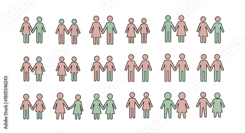 Illustration of multiple couples holding hands, some are same-sex couples, some are heterosexual couples, and some are gender-neutral couples.