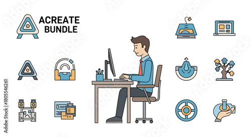 A man working on a computer at a desk, surrounded by a collection of creative and business-related line icons, part of an Acreate bundle.