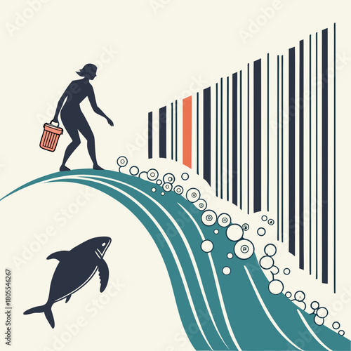 The ocean represented as a barcode where some lines are plastic.