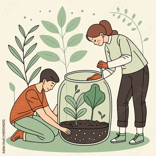 Man and woman planting a micro-planet together in a glass jar.