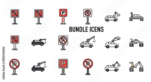 A bundle of detailed icons featuring various traffic signs for parking and no parking, alongside different types of tow trucks and vehicles with cranes.