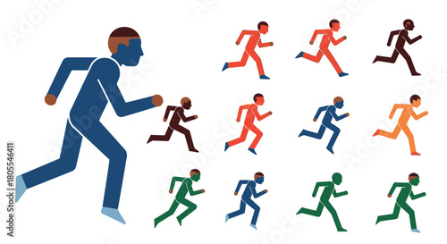 A large blue graphic illustration of a man running, accompanied by smaller figures in various colors depicting the same running motion.