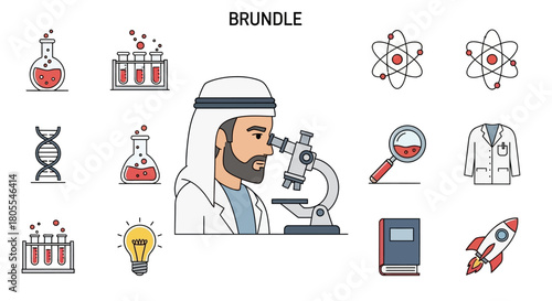 An illustration featuring an Arab scientist examining a sample with a microscope, surrounded by various scientific icons like beakers, test tubes, DNA, atoms, and a rocket.