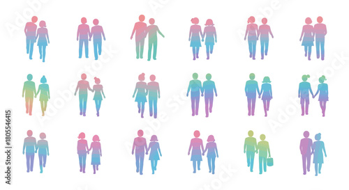 A collection of diverse couples and pairs, depicted as rainbow-colored silhouettes, walking together and holding hands, symbolizing various relationships and partnerships.