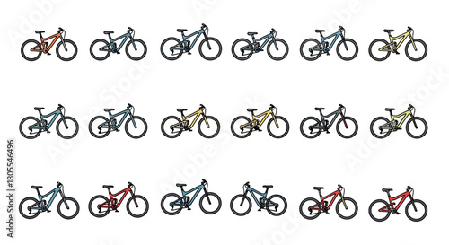 A grid of various mountain bikes in different colors, showcasing a range of bicycle designs and hues.