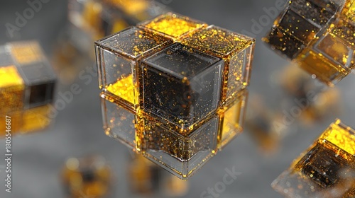 Abstract cube with transparent elements and gold particles against a reflective backdrop