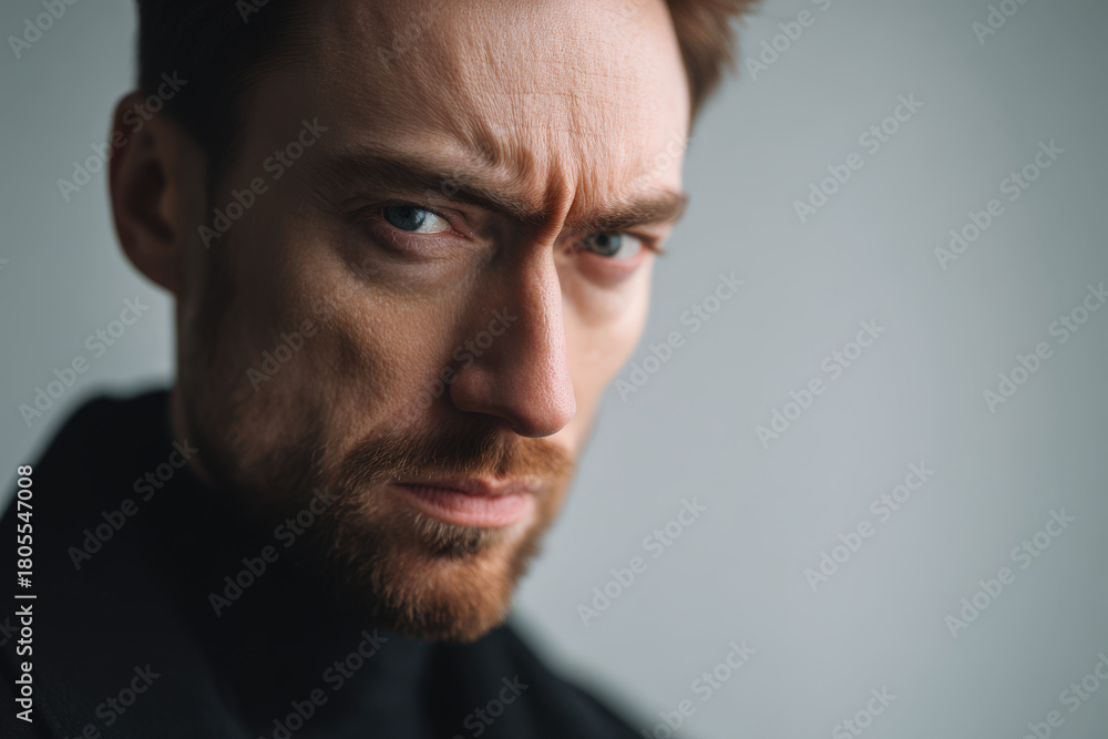 Obraz premium closeup portrait of bearded man expressing deep contemplation and effort