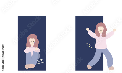 心の不調と回復を表す女性の比較イラスト
