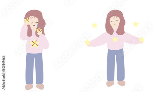 自分の才能を否定する女性と活かして輝く女性のイラスト