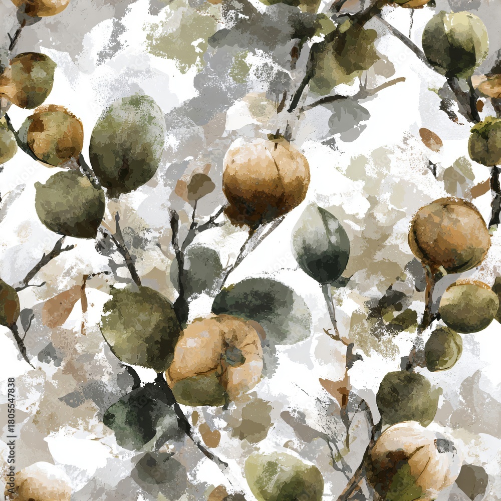 Naklejka premium Abstract seamless pattern of pomegranate shapes in green and brown hues with brushstroke effect for textile design and modern art.