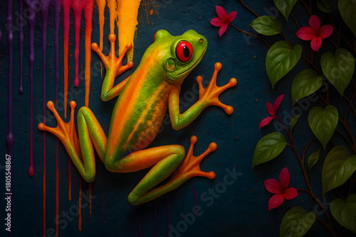 Frog Artwork in Vivid Hues: An artistic depiction of a vibrant frog with captivating red eyes, adorned with colorful accents against a dark backdrop.