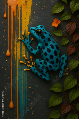 Colorful frog and flowing paint: An extraordinary vibrant frog with striking colors and pattern of the skin, resting upon a surface with streams of paint cascading down, creates a visual masterpiece.
