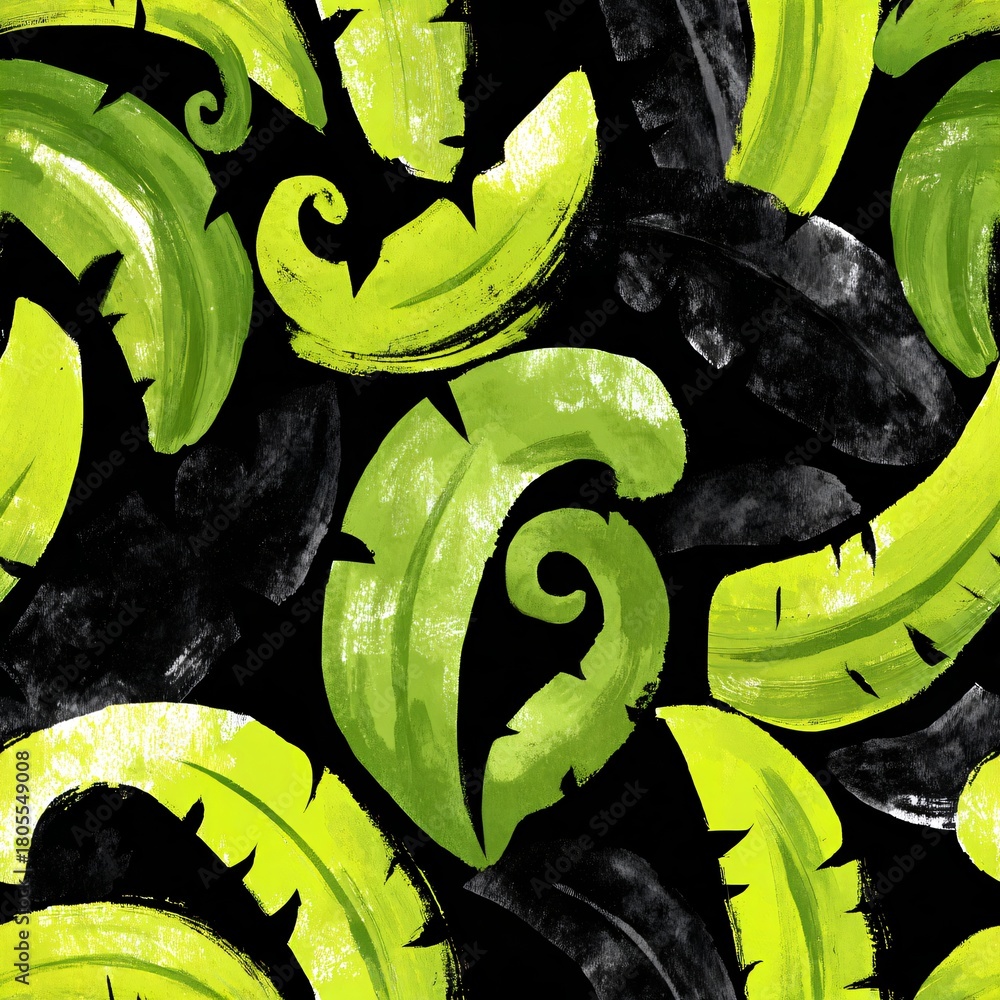 Obraz premium Vibrant green tropical leaf seamless pattern with brush strokes on a dark background. Artistic jungle foliage concept for textile design and summer decor.