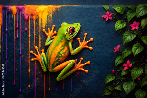 Vibrant Frog on a Textured Canvas: A vividly colored frog with bright hues and intricate patterns, perched dynamically on a textured surface, showcasing its unique attributes.